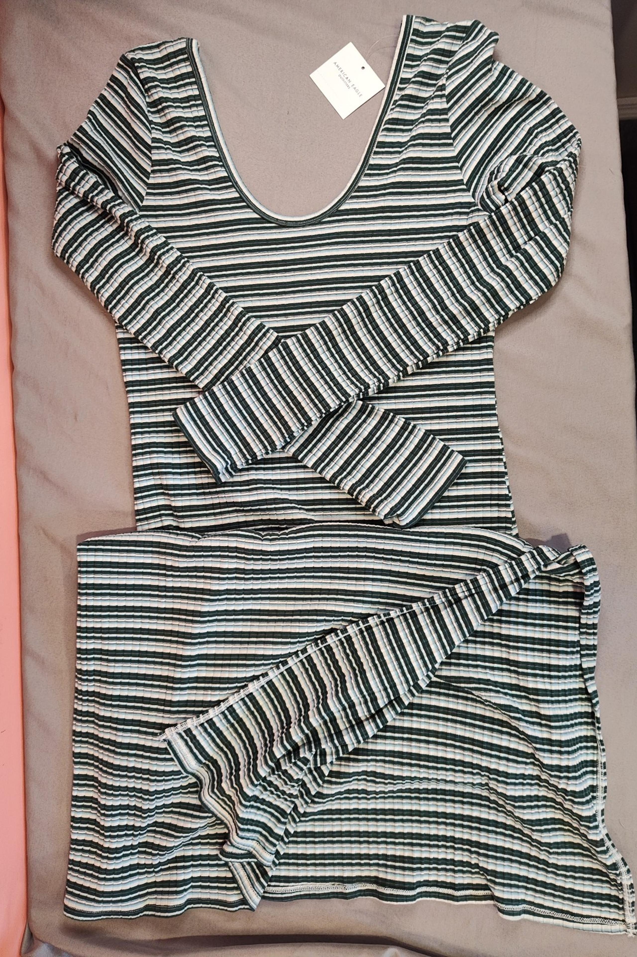 Women's American Eagle Long Sleeve Knit Midi Striped Dress Large Teal