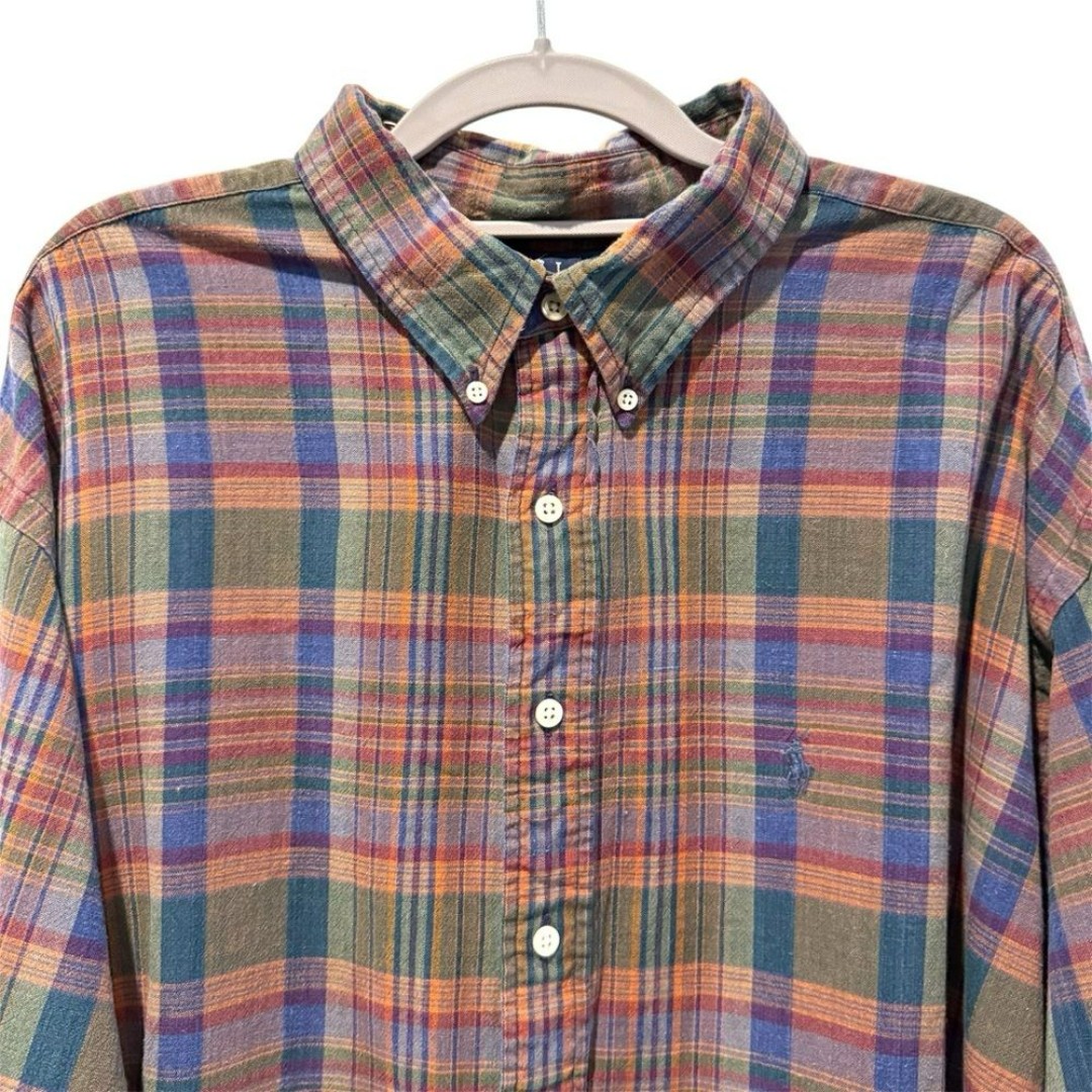 Ralph Lauren BLAIRE Long Sleeve Button Down Shirt Blue Orange Green Stripe XXL