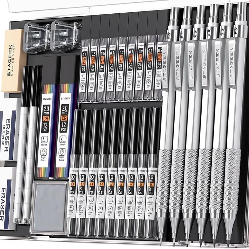 34Pcs Art Metal Mechanical Pencil Set, 3PCS Art Drafting Pencils 0.5, 0.7, 0.9MM