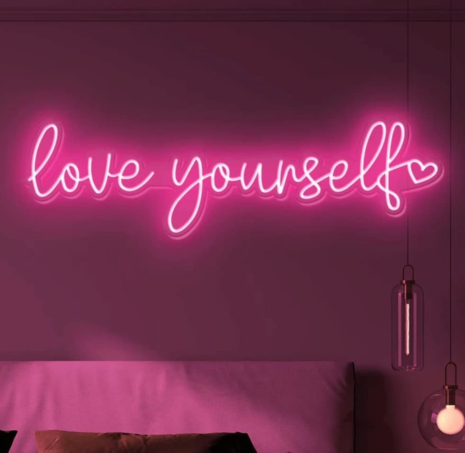 Lovely Bright Pink “Love Yourself” Heart LED Night Light Room Wall Decoration