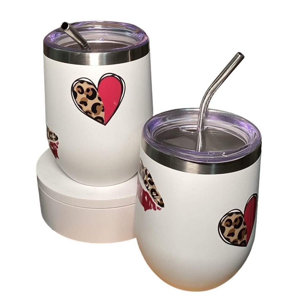 Stylish Insulated Tumblers Set (2) w/ Leopard Heart/Lips Design Stainless Steel