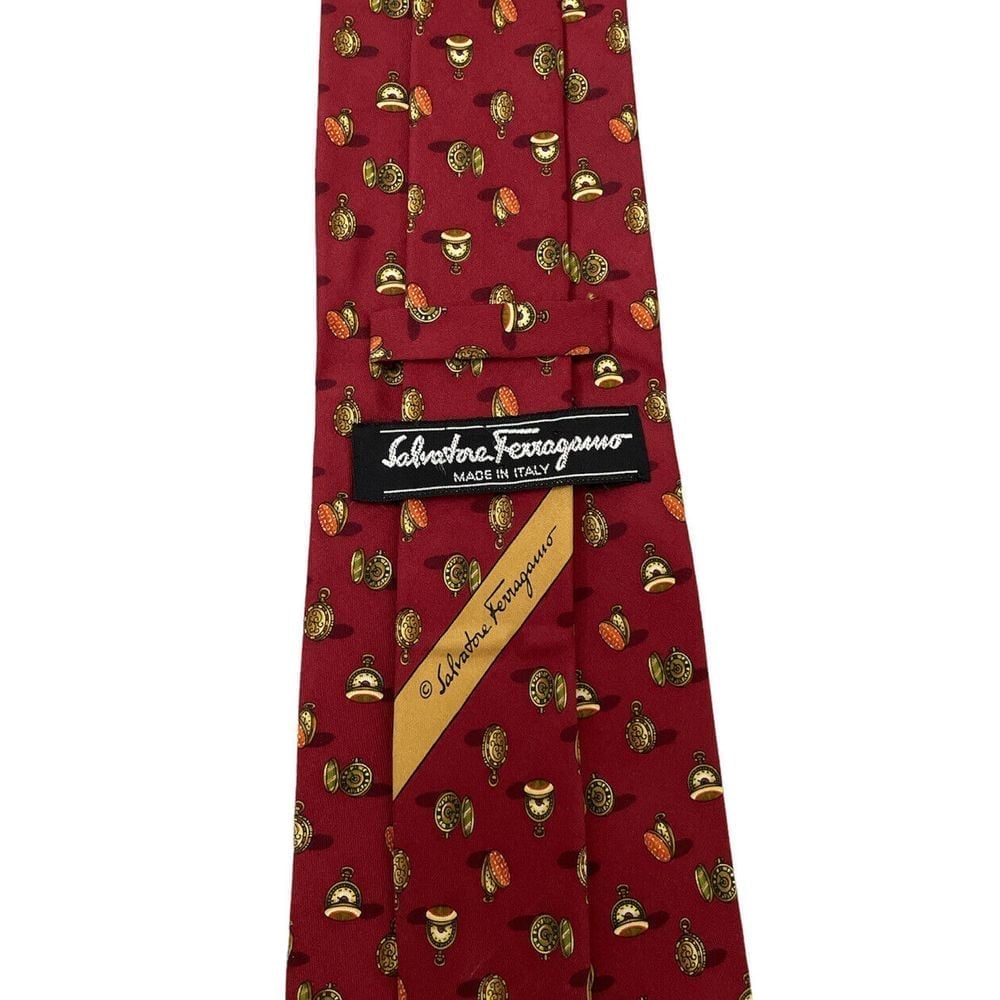 Salvatore Ferragamo Men's Pocket Watch Clock Red 100% Silk Tie Italy 3.75 x 59