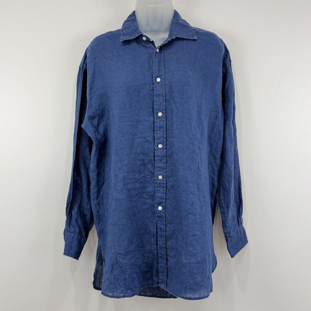 Polo Ralph Lauren Top Women's 12 Navy 100% Linen Long Sleeve Button Up Preppy
