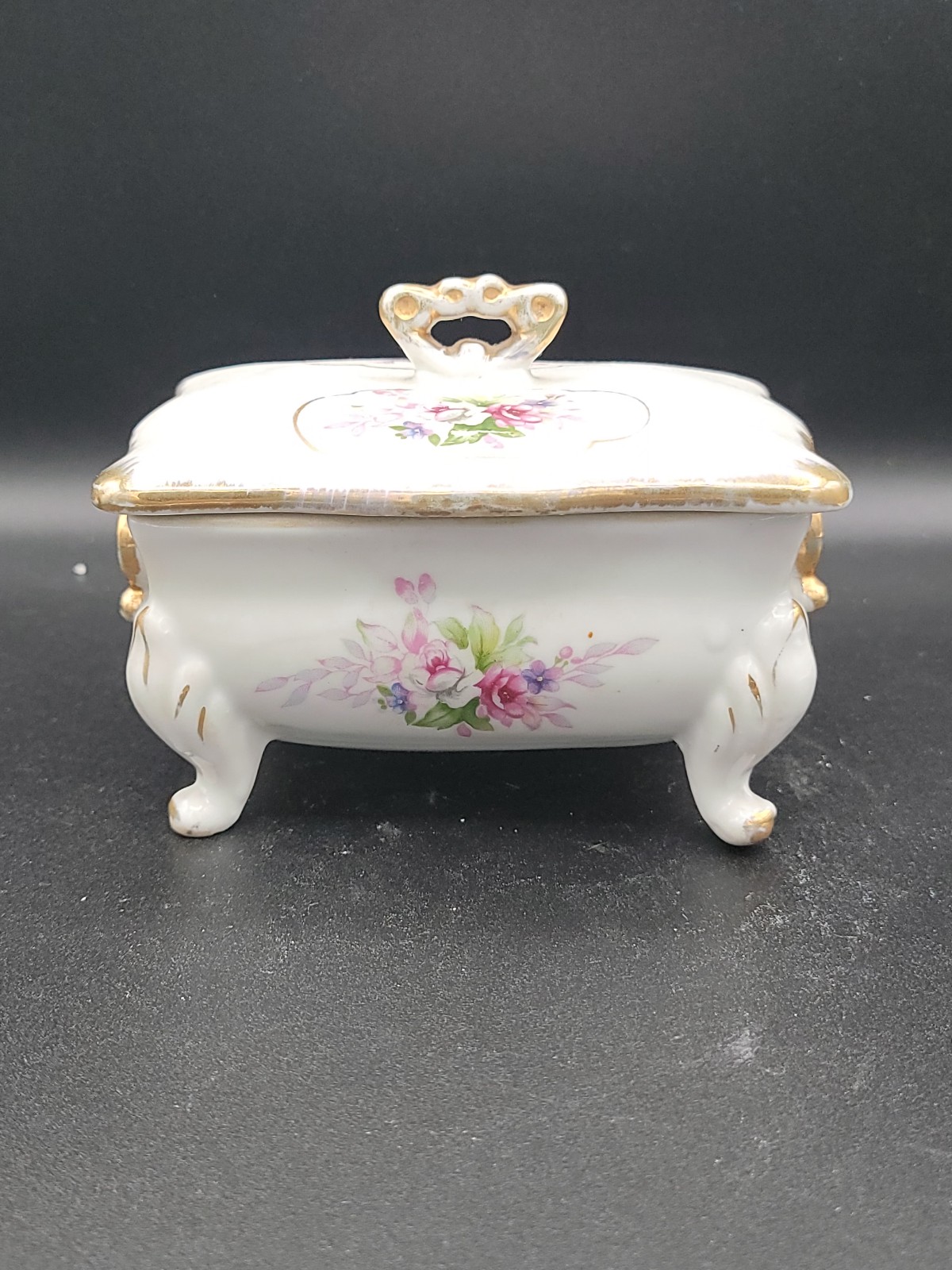Vintage Japan Footed Rose Vanity Trinket Box.