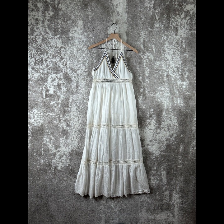Raga Dress Small White Tiered Lace Trim Back Crotchet Tie Halter Neck Boho Maxi