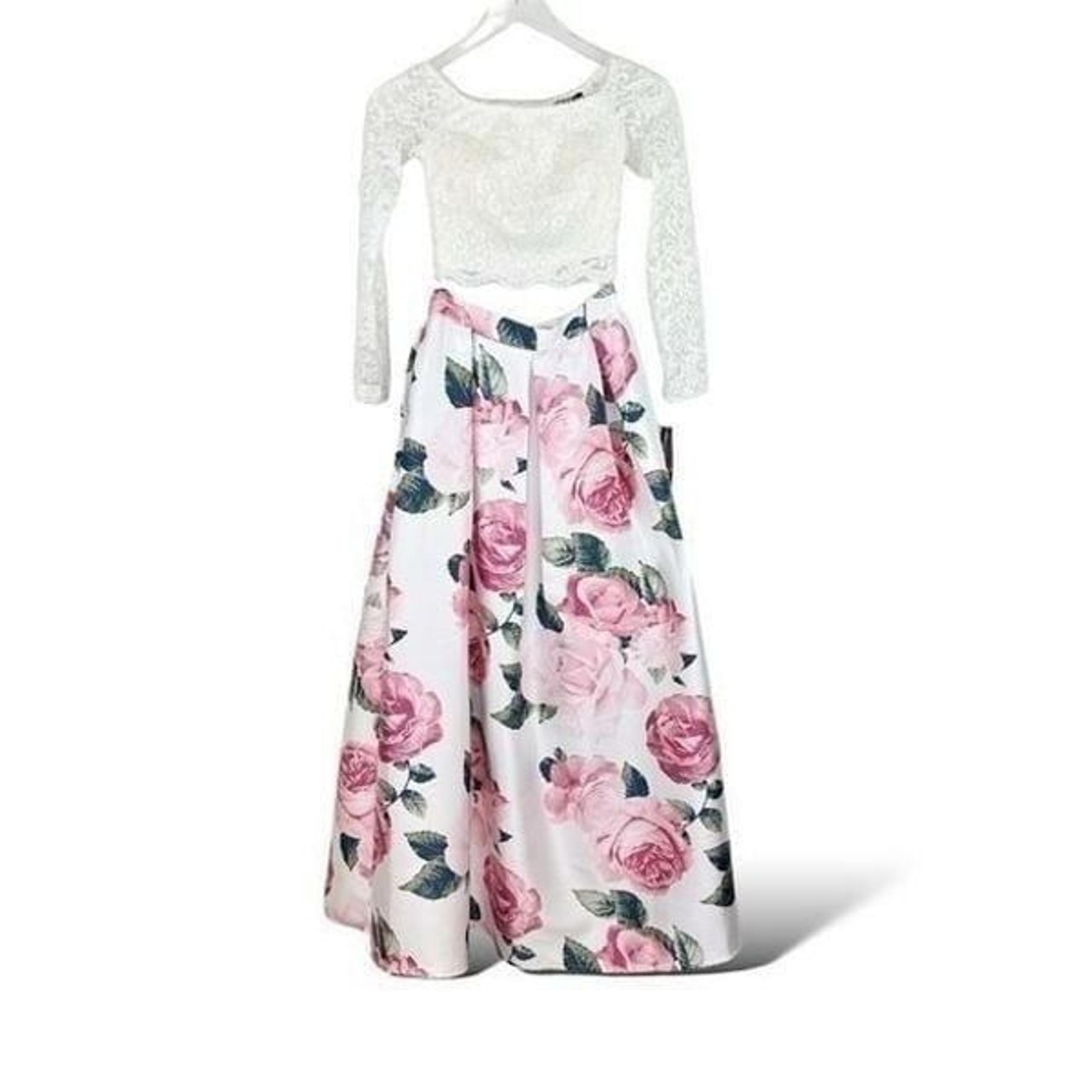 Teeze Me Junior White Pink Floral Lace 2PC Crop Top Full Formal Satin Skirt Prom