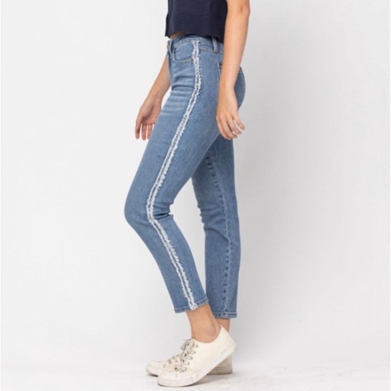Judy Blue Women Denim Slim Fit High Rise Fringed Side Medium Wash Jeans15/32
