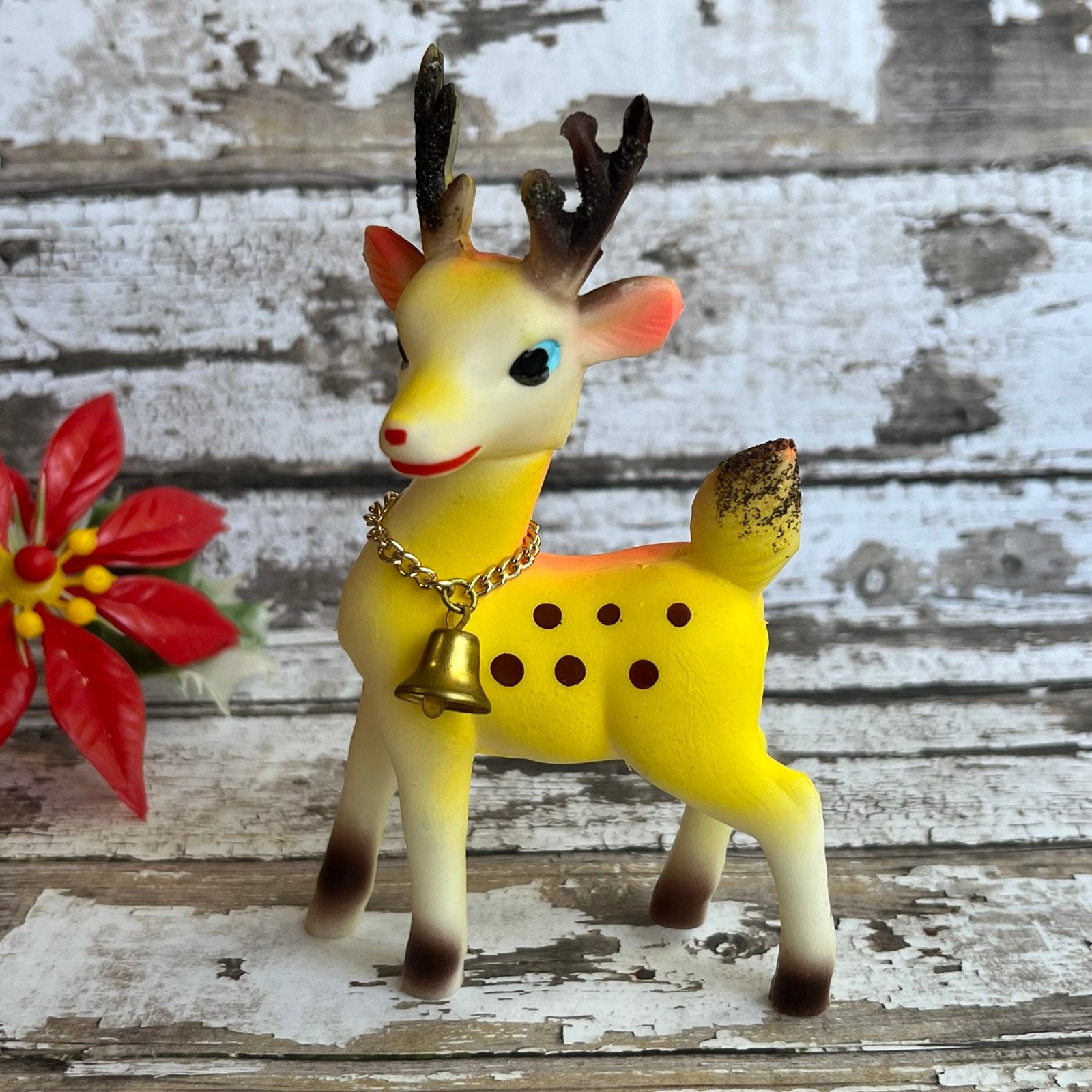 Vintage Christmas Yellow Rubber Reindeer Swivel Head Bell 4.5in Japan