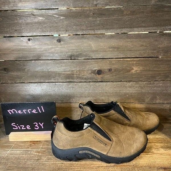 Kids Merrell Jungle Moc Brown Leather Casual Walking Loafers Shoes Size 3 Y GUC