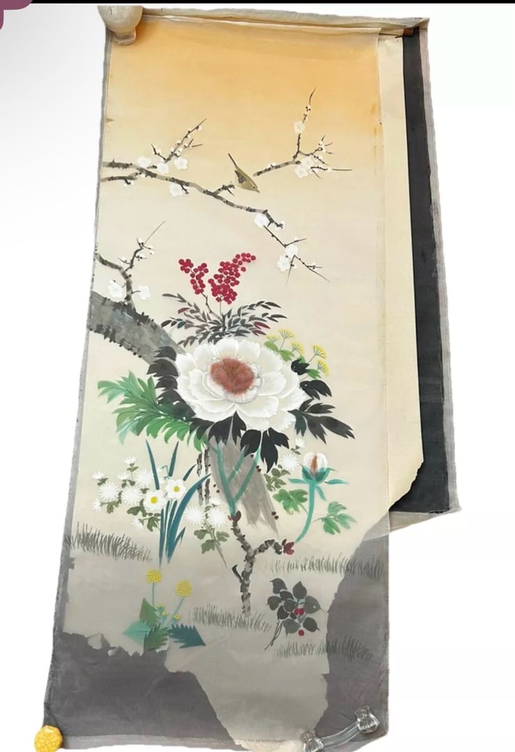 Vintage Japanese Kakejiku Kakemono Hanging Scroll Peony White Flower Floral READ