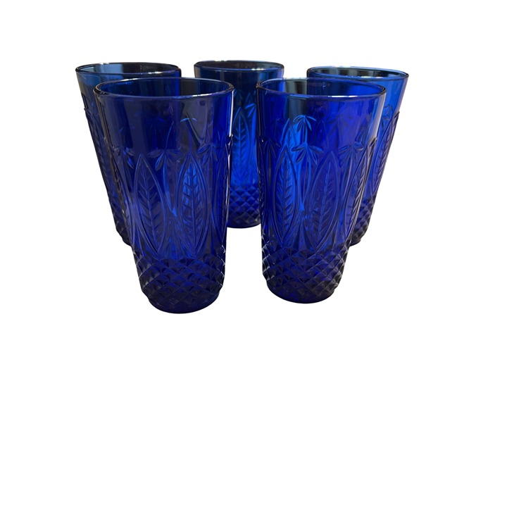 Set Of 5 Avon Royal Sapphire Glasses Cut Glass Cobalt Blue Arcoroc 14 oz France