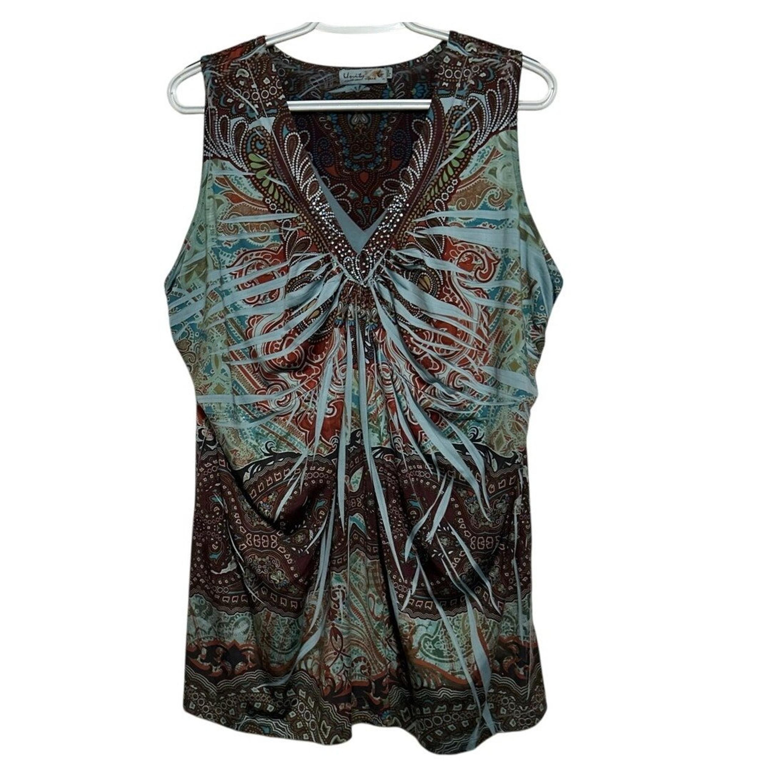 Unity World Wear Women's Printed Brown Blue Embellished Tank Top Size 3X