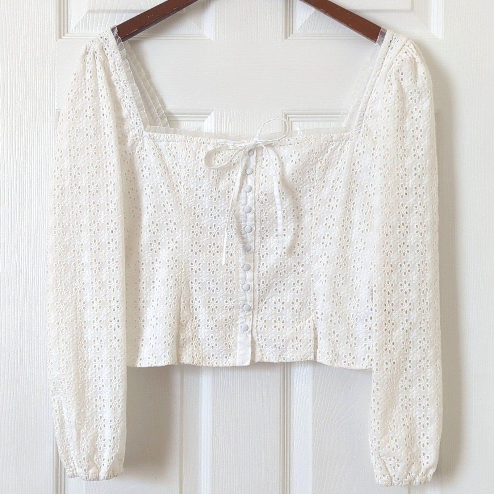 Joie Eyelet Embroidered Square Neck Form Fitting Long Sleeve Cropped Top White S