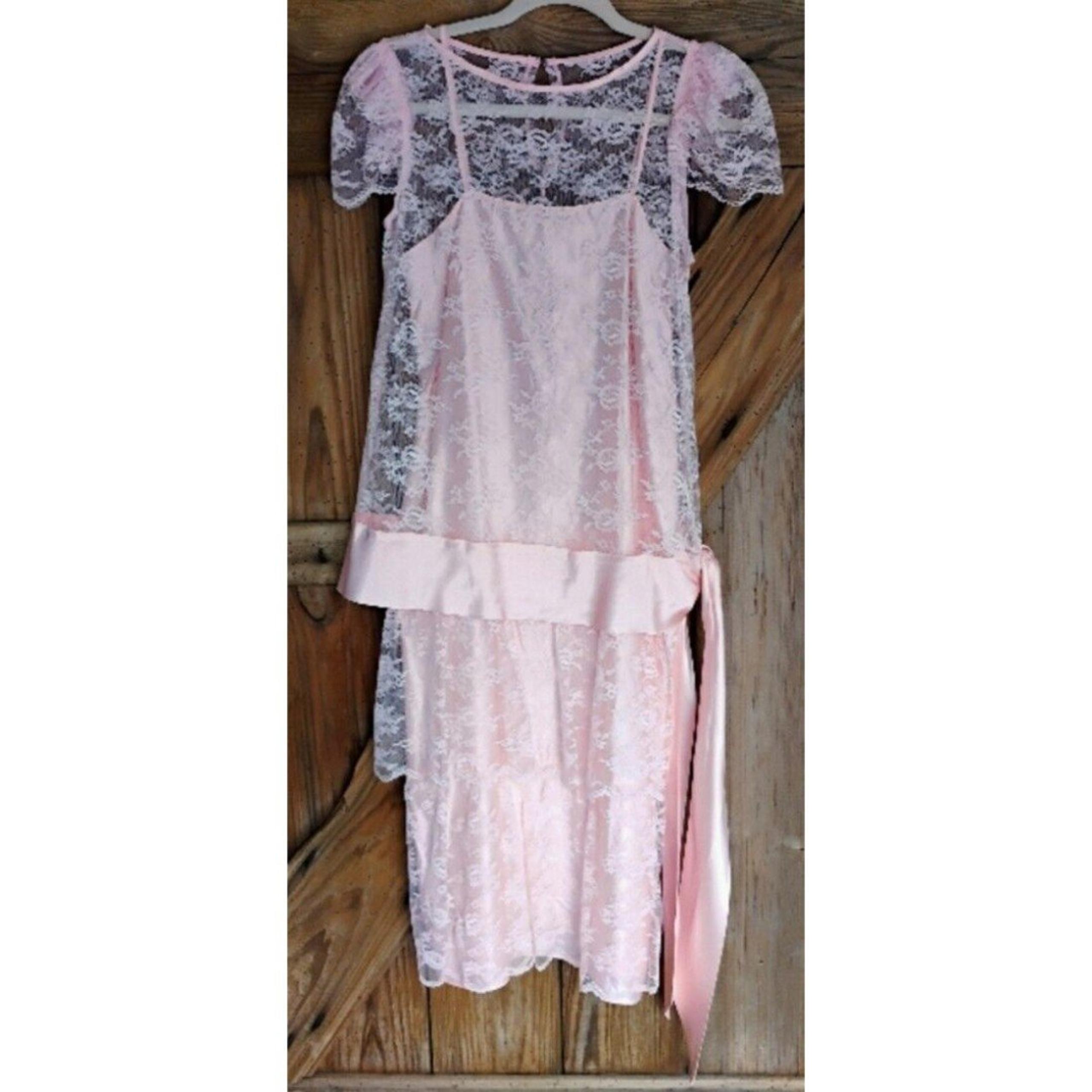 JCPENNEY Vintage Dress 2 Piece Satin/Lace Pink Sz 7/8 Women's Spaghetti Straps