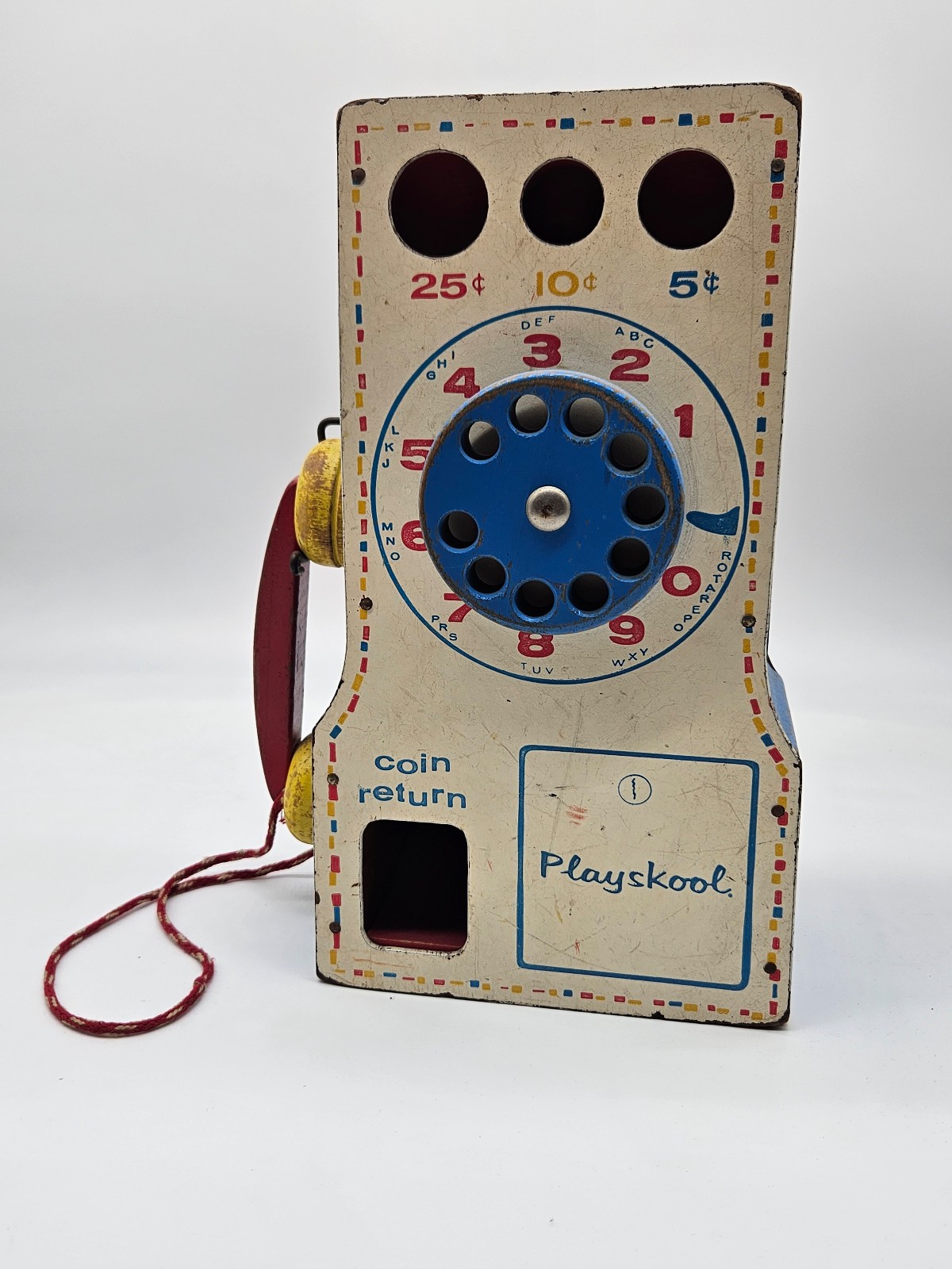 Vtg 1960's Playskool Toy Wooden Pay Telephone Multi Color Working Rotary Dial!