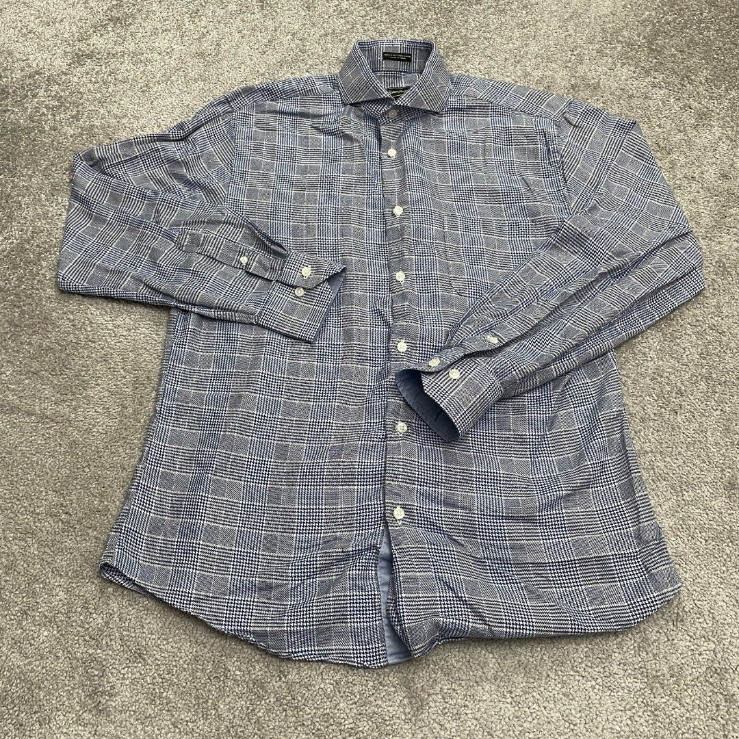 Neiman Marcus Houndstooth Dress Shirt Mens Medium Blue 80's 2-Ply Cotton Work