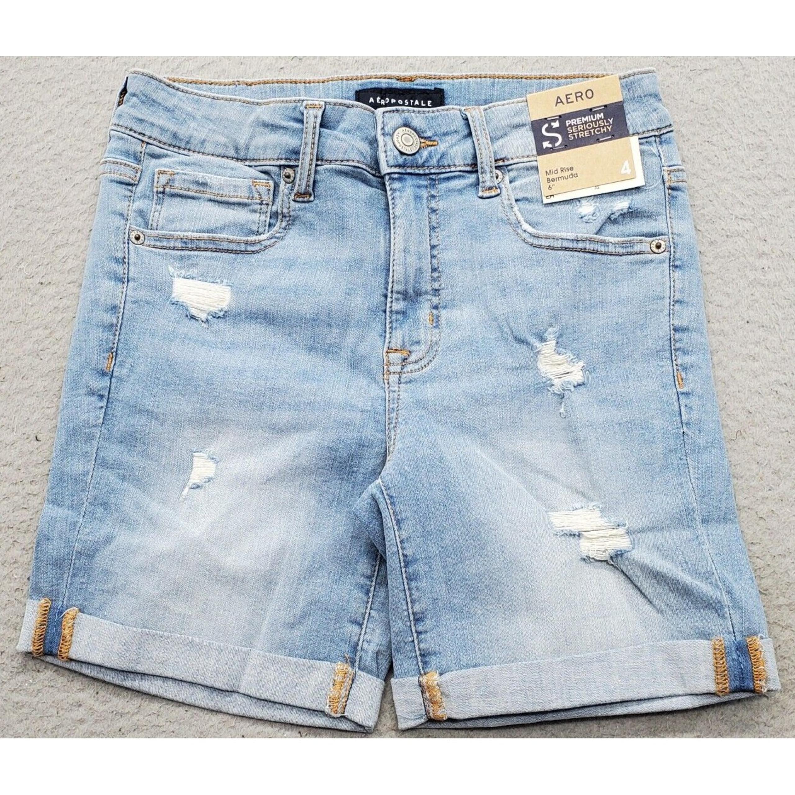 Aéropostale Bermuda Shorts Women's 4 Blue Denim Pockets Mid Rise Stretch Fold Up