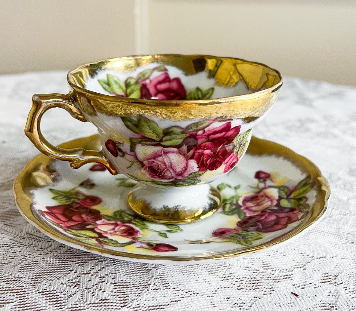 Norcrest Gold/Rose Teacup and Saucer Set