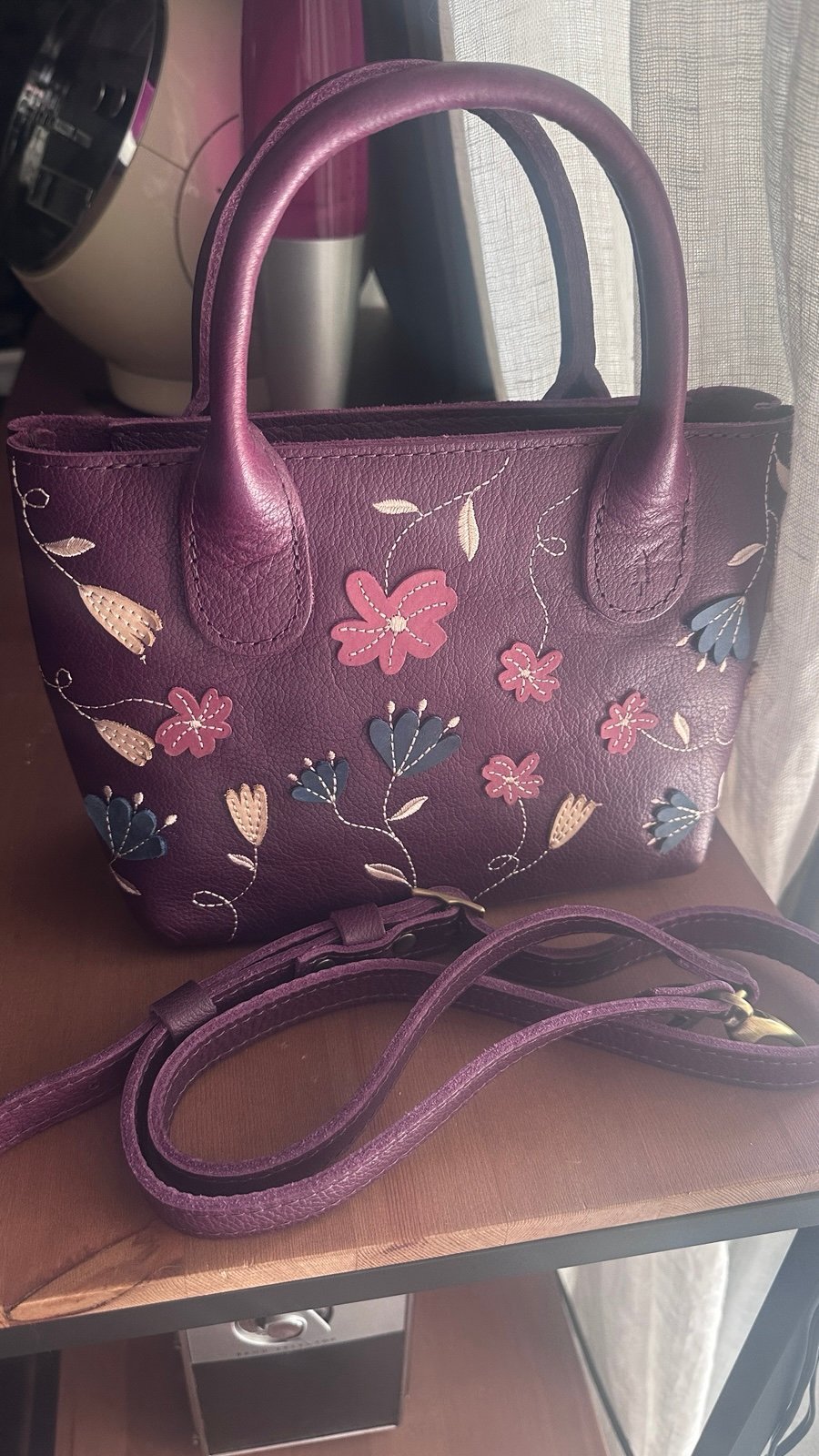 Portland Leather discontinued small raindrop crossbody bag plum folklore