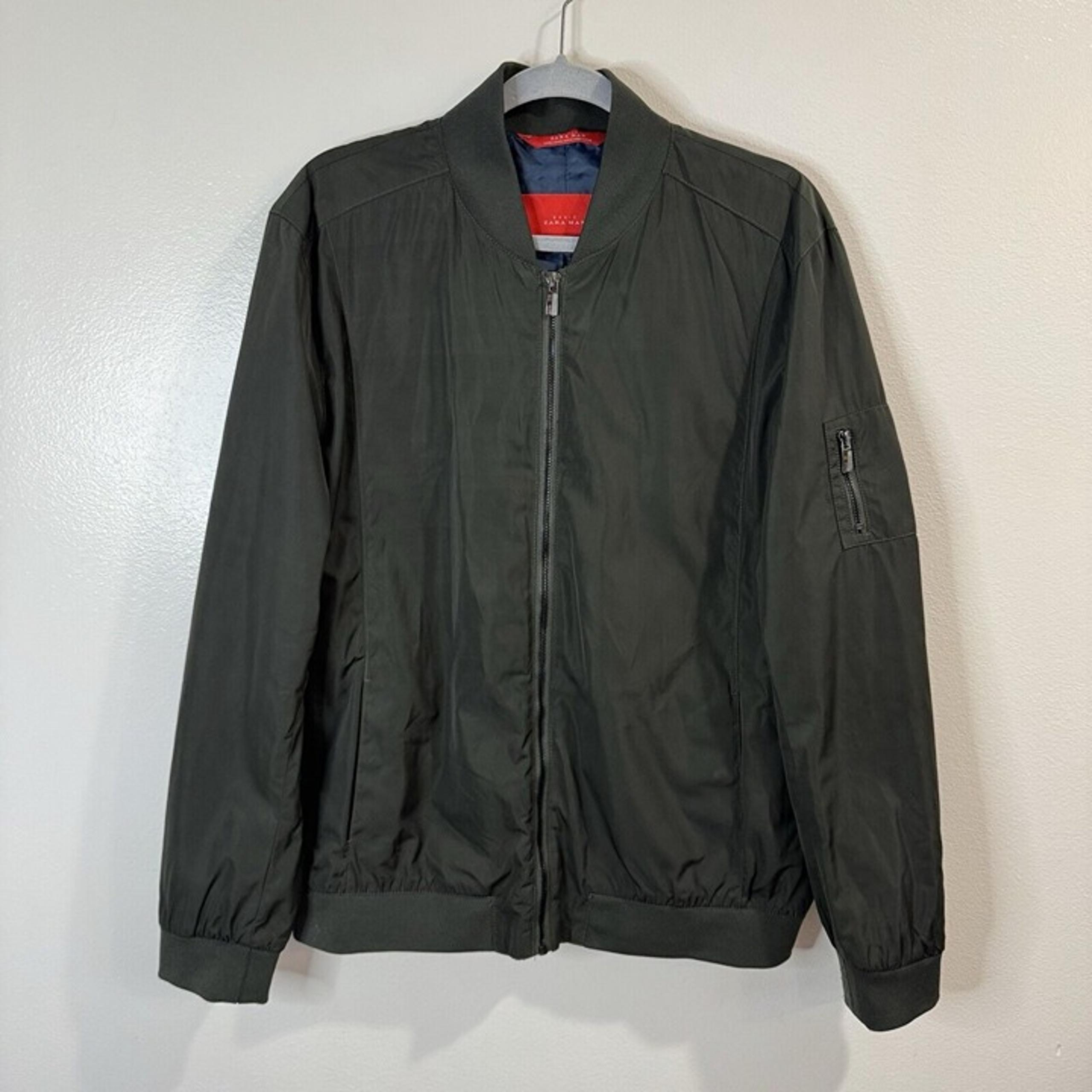 Zara Basic Jacket Coat Mens XXL / 2XL Bomber Green Nylon Pockets Zip Front