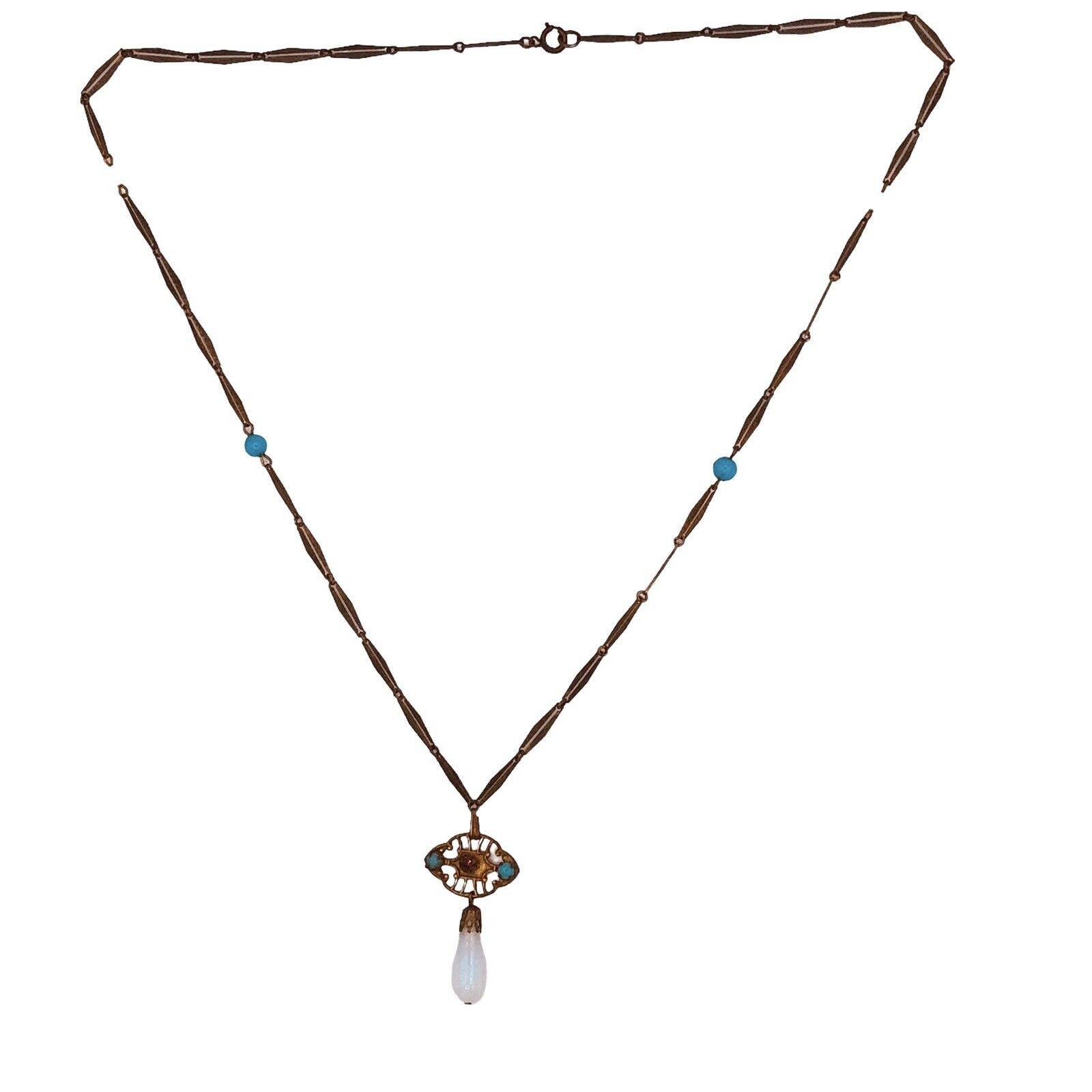Antique Art selling Nouveau Brass tone Glass Amethyst Rhinestone Turquoise Necklace