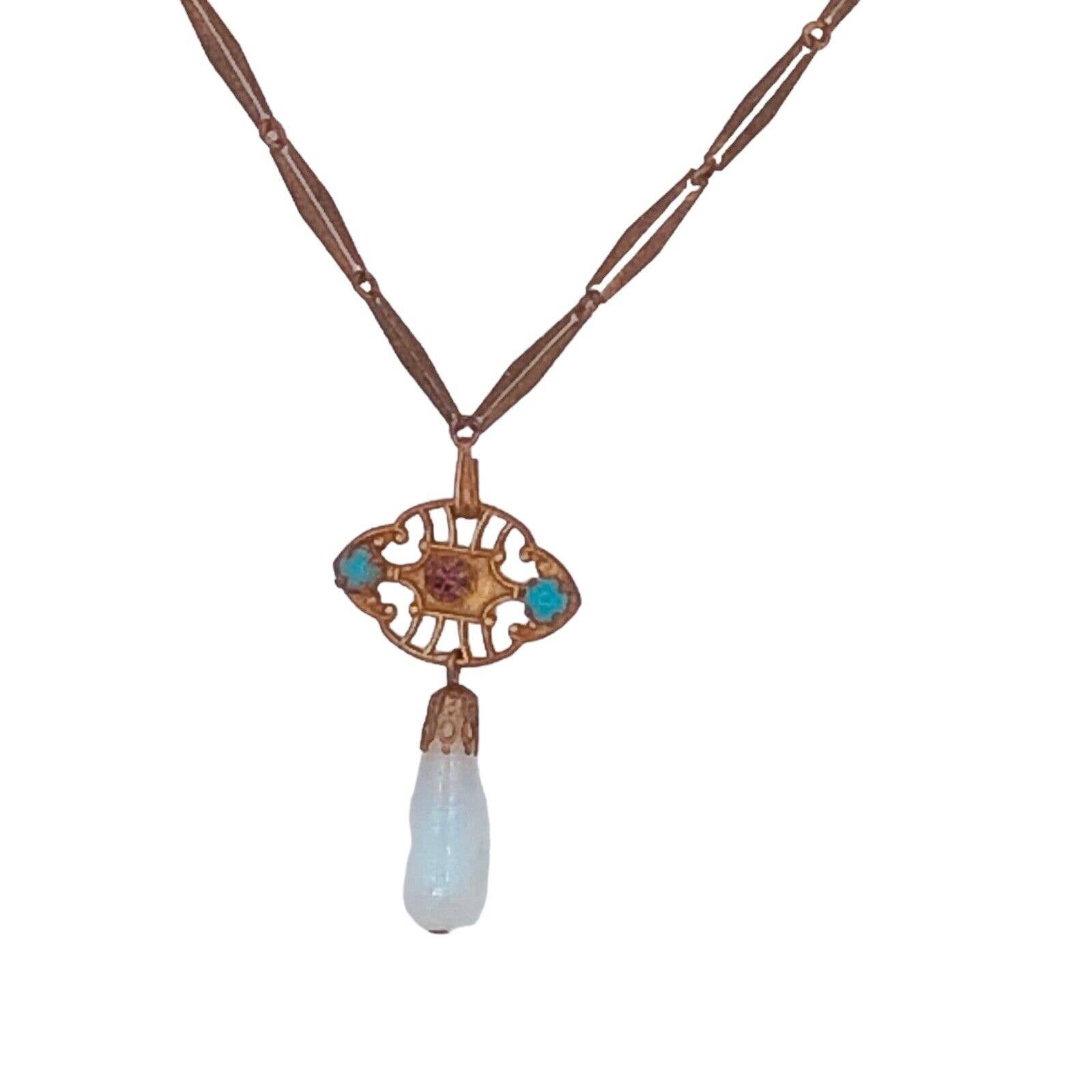 Antique Art selling Nouveau Brass tone Glass Amethyst Rhinestone Turquoise Necklace