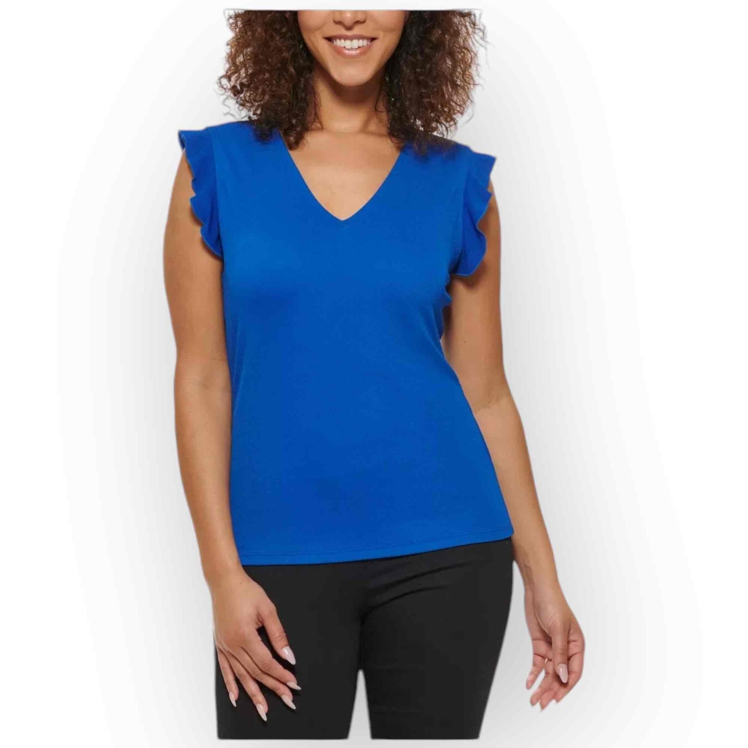 Andrew Marc Women’s Short Ruffle Sleeve Blouse V-Neck, Regatta Blue, 78L