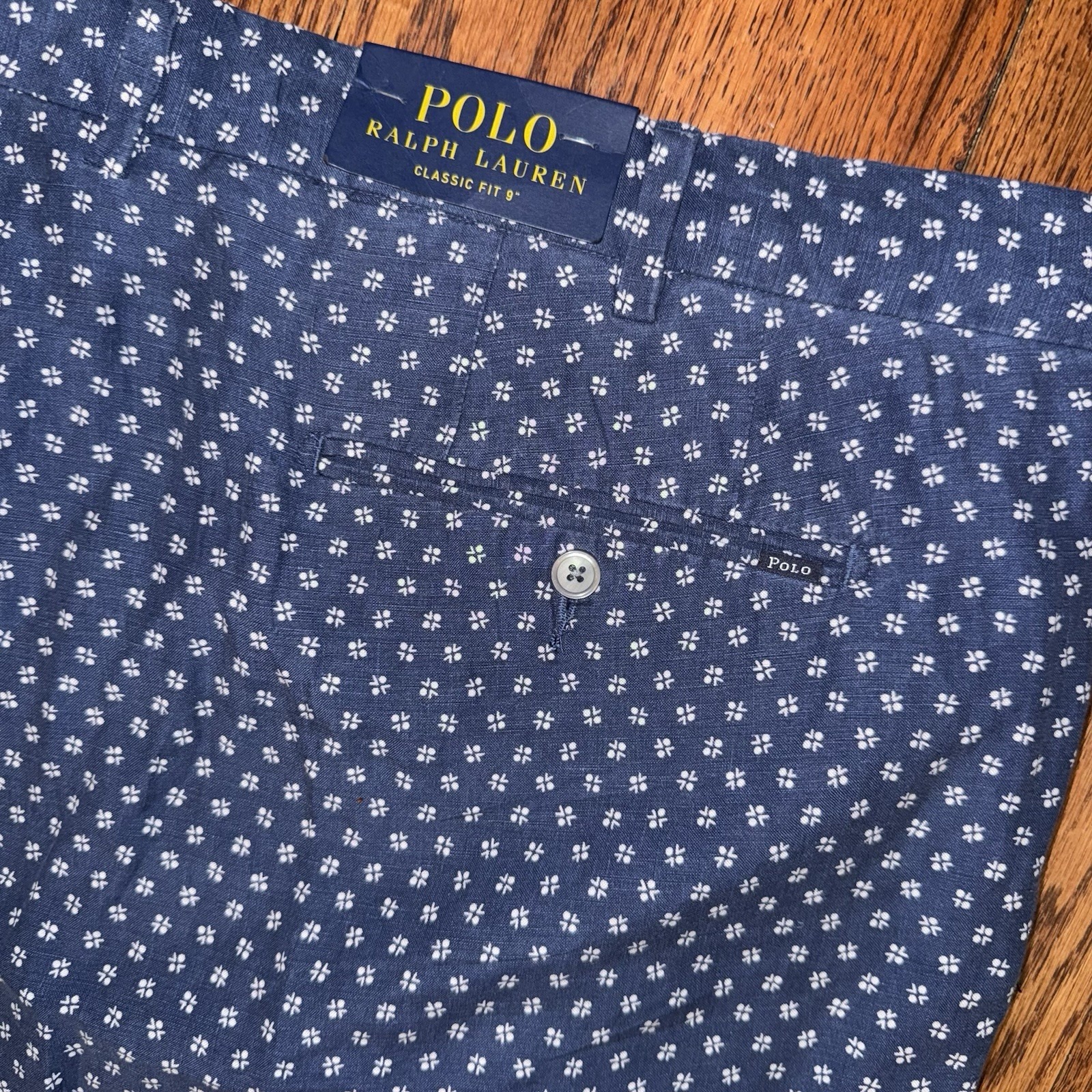 NWT Polo Ralph Lauren Classic Fit 9 Linen Silk Shorts Men's 48B Blue Geometric