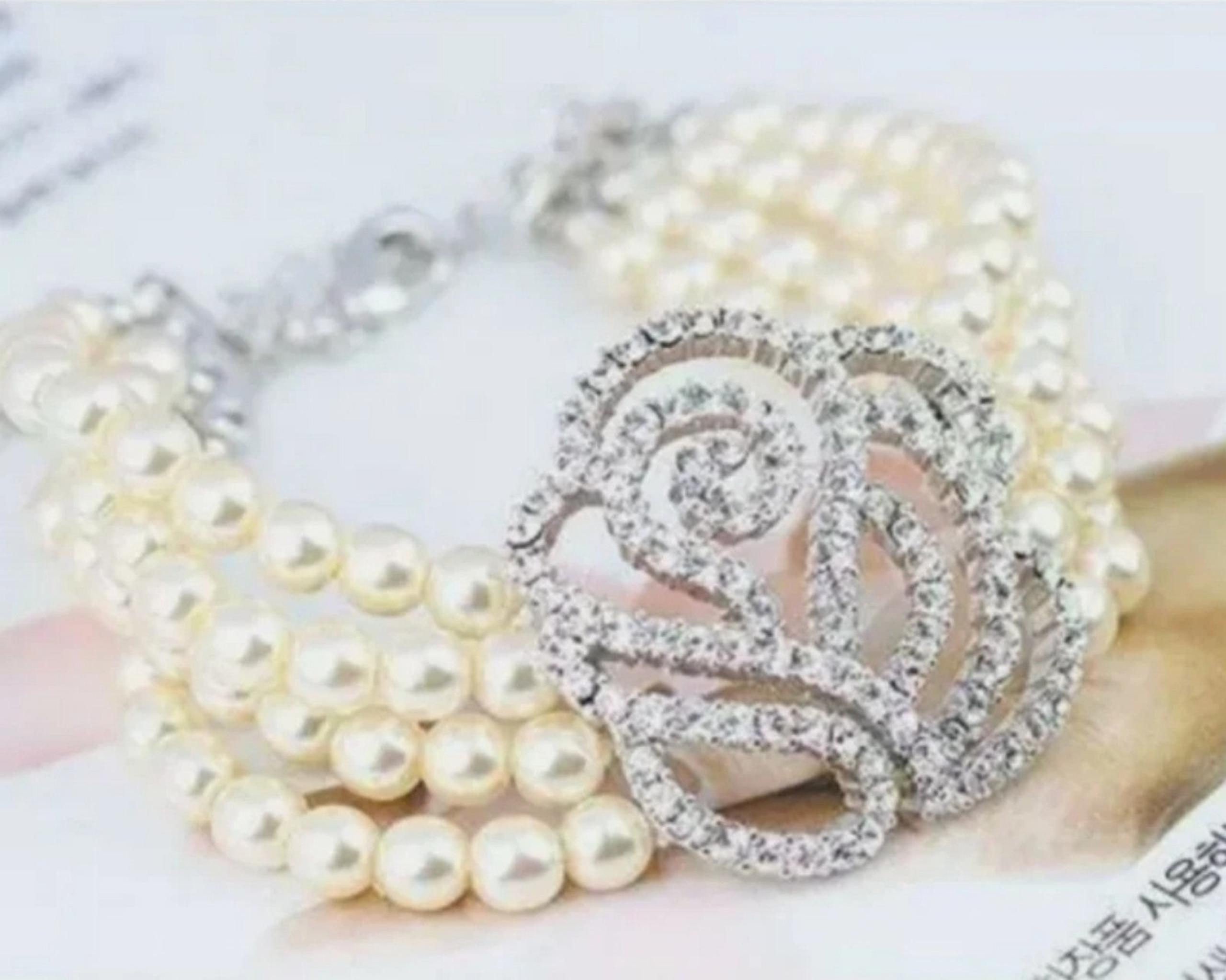 #1329 Silver crystal pearl rose bracelet with adjustable chain