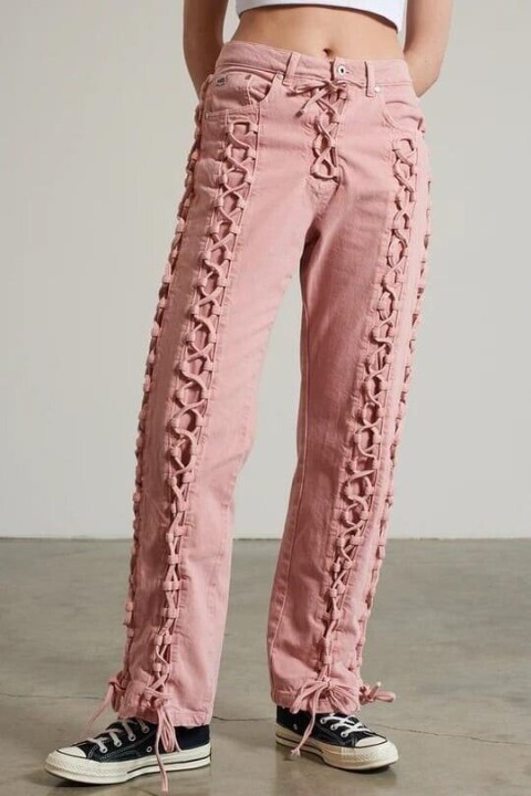 Woman Small The RAGGED Priest Pink Lace Up All Over Jeans Gothic Punk Grunge Emo