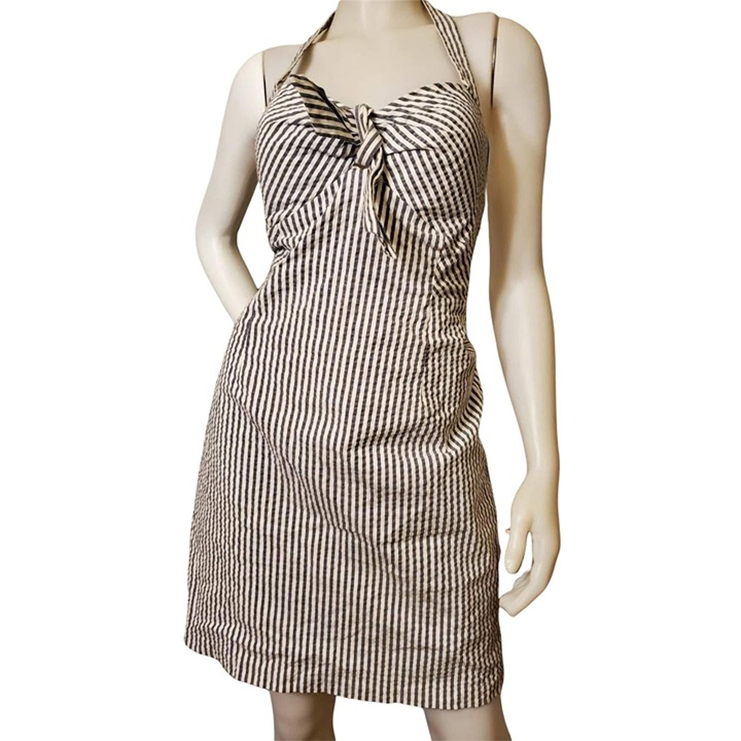 KIM ROGERS Dress Pin Stripe Signature 80's VINTAGE Halter Bow Sweetheart Neck