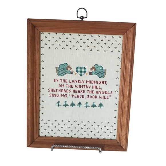 Vintage Angel Christmas Crosstitch Framed Art Country Farmhouse Decor 11 x 14