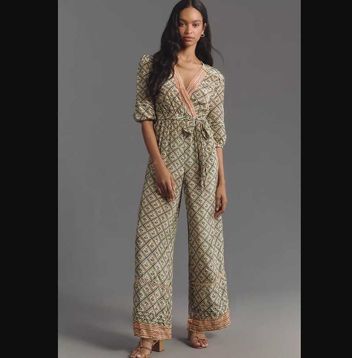 New women's S Farm Rio x Anthropologie mushroom v-neck jumpsuit