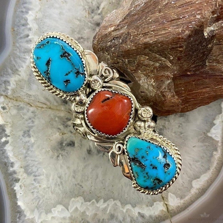 Silver Ray Sterling Silver Elongated Turquoise & Coral Ring Size 6.5 For Women