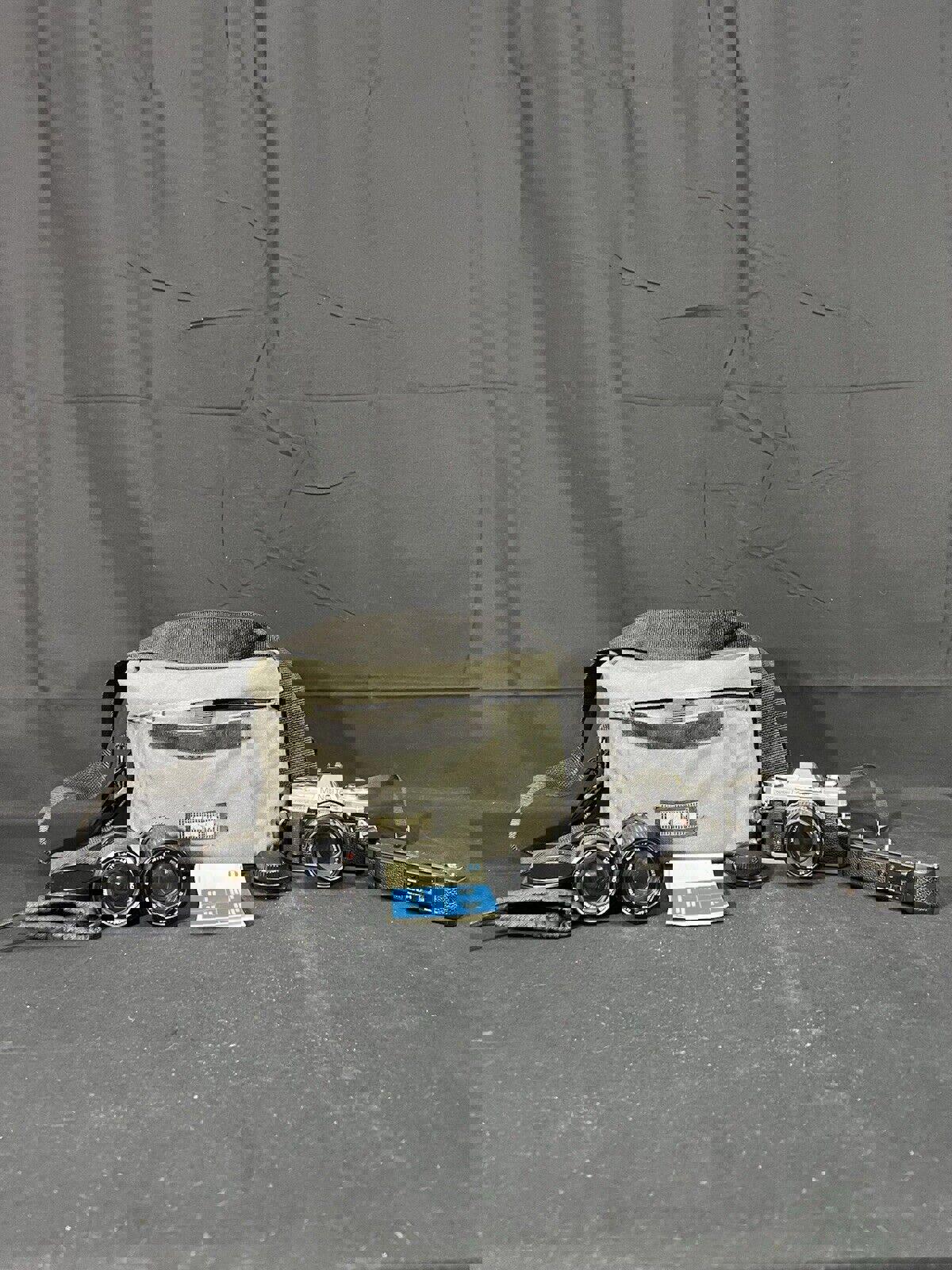 Minolta X-370 35mm SLR Film Camera, Silver w/ Extra Lenses, Flash, Filters & Bag