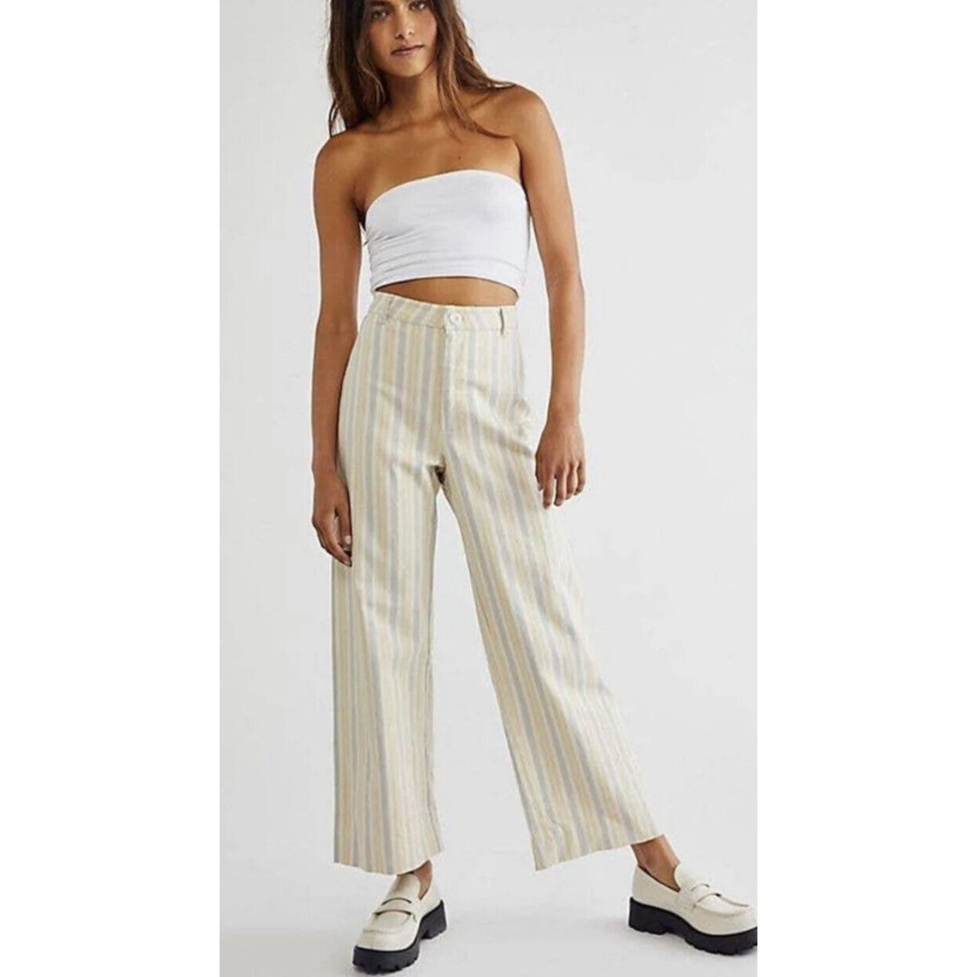 Free People Washed Wonders Stripe Patti Pants Wide Leg Ivory Blue