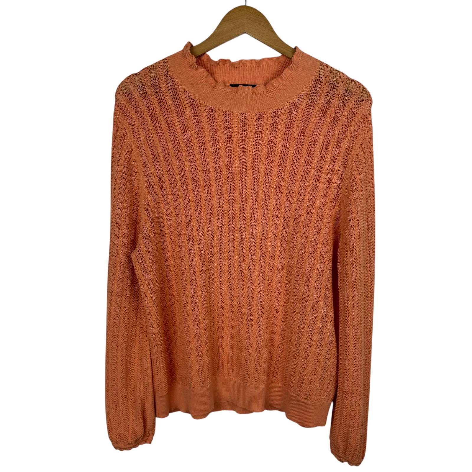 J Crew Cotton Knit Sweater Sz XL Peach Ruffle Mock Neck Long Sleeve Coastal