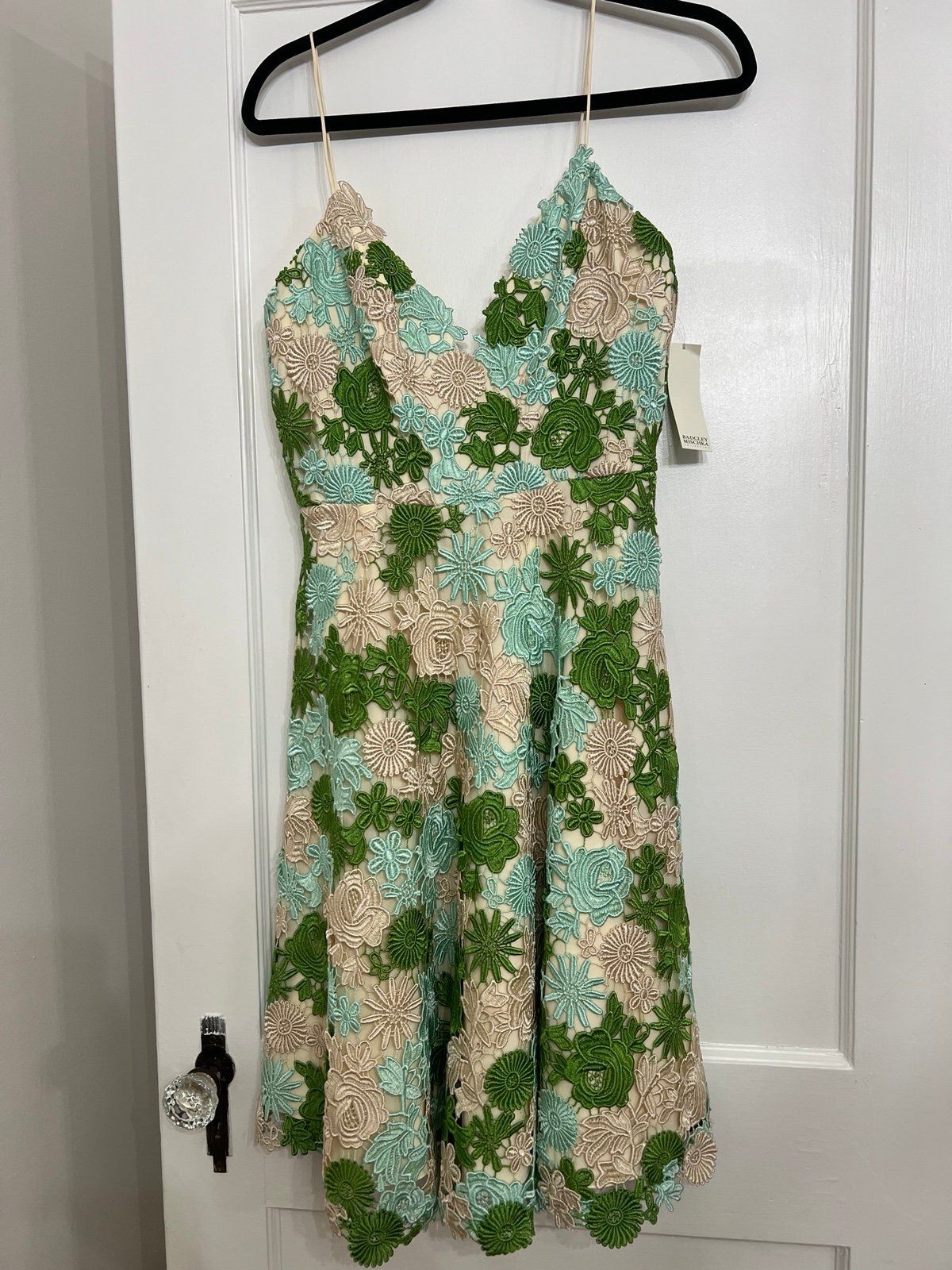 Badgley mischka collection lace blue green ivory floral dress size 6 NWT
