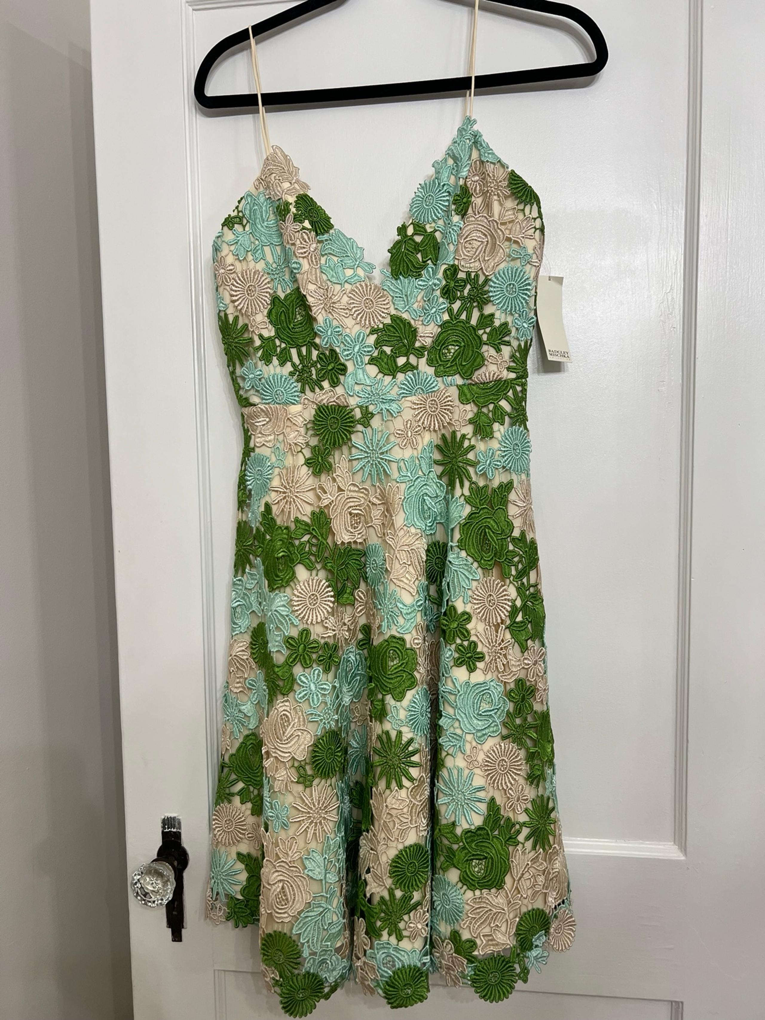 Badgley mischka collection lace blue green ivory floral dress size 6 NWT