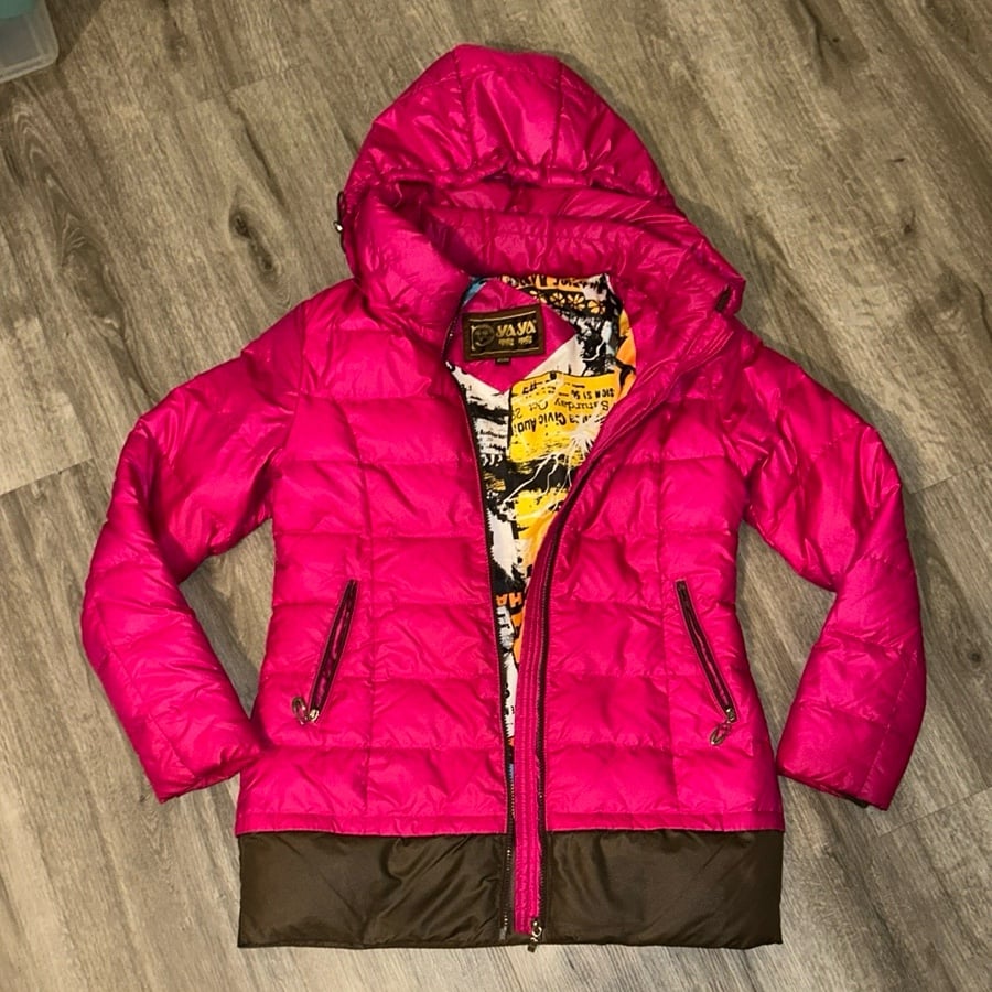 Vibrant Pink Down Jacket with Brown Accents