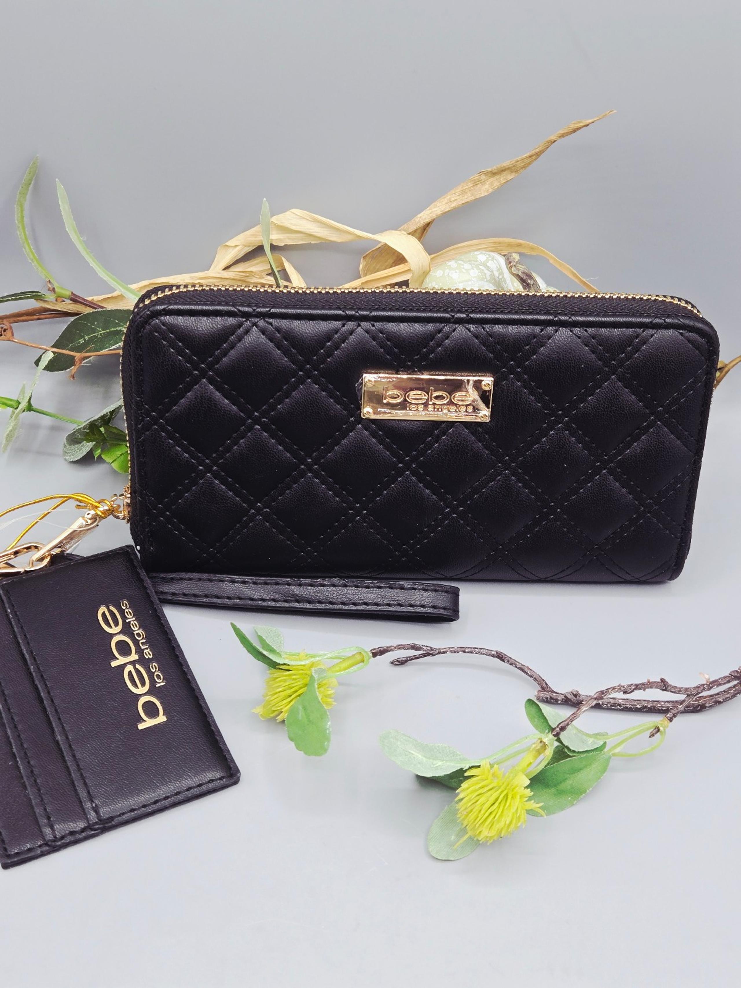 BEBE WOMEN'S BLACK QUILTED WRISTLET CLUTCH WALLET WITH CARD CASE KEYCHAIN