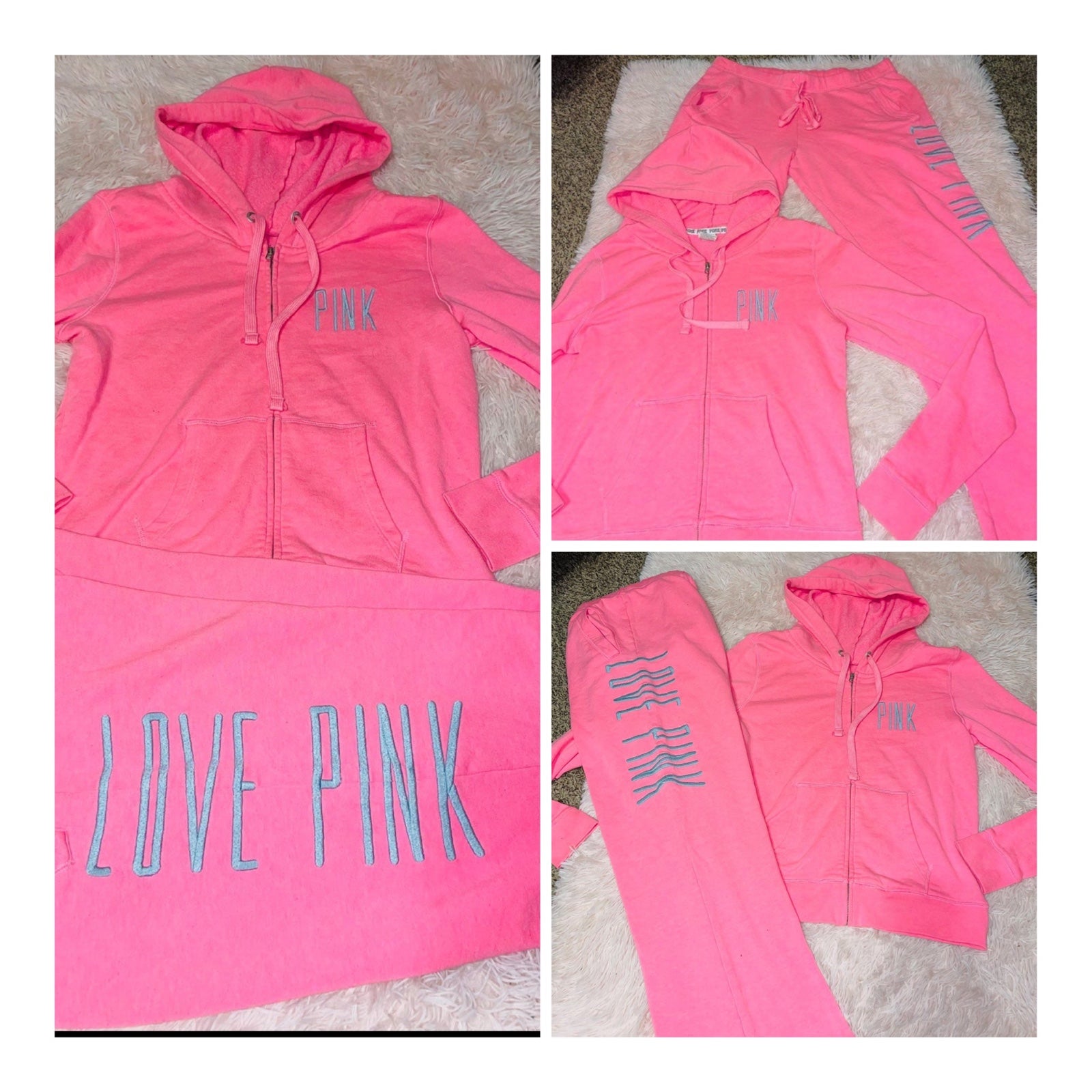 VS PINK vintage neon coral embroidered boyfriend pants zip hoodie outfit set M
