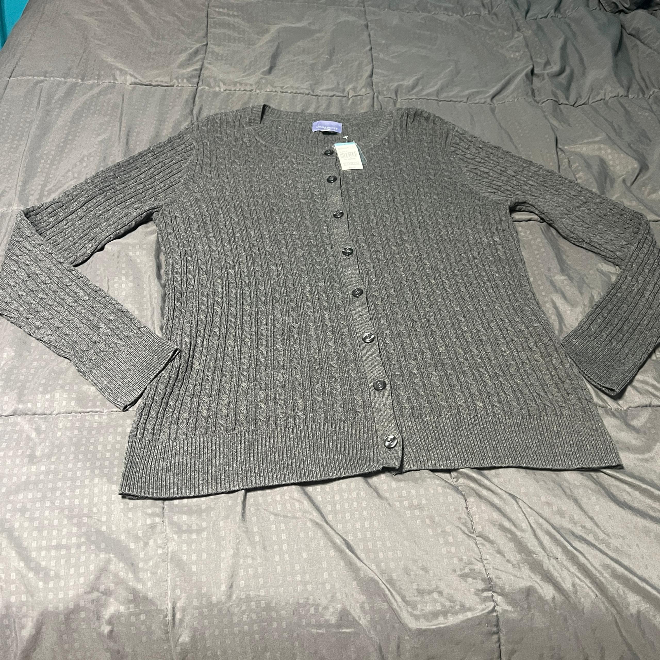 Laura Scott Women Cable Knit Button Up Cardigan Sweater Gray Xl Petite Xlp New