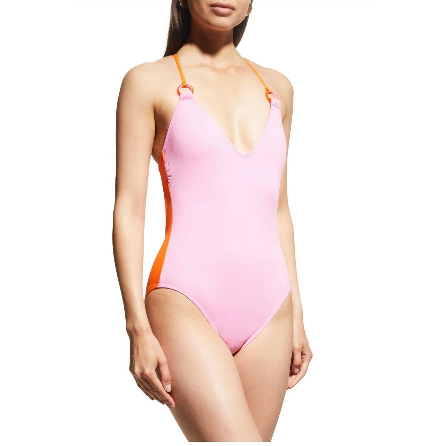 Kate Spade Color Block Gold One Piece Bathing Suit Pink Orange Medium NEW