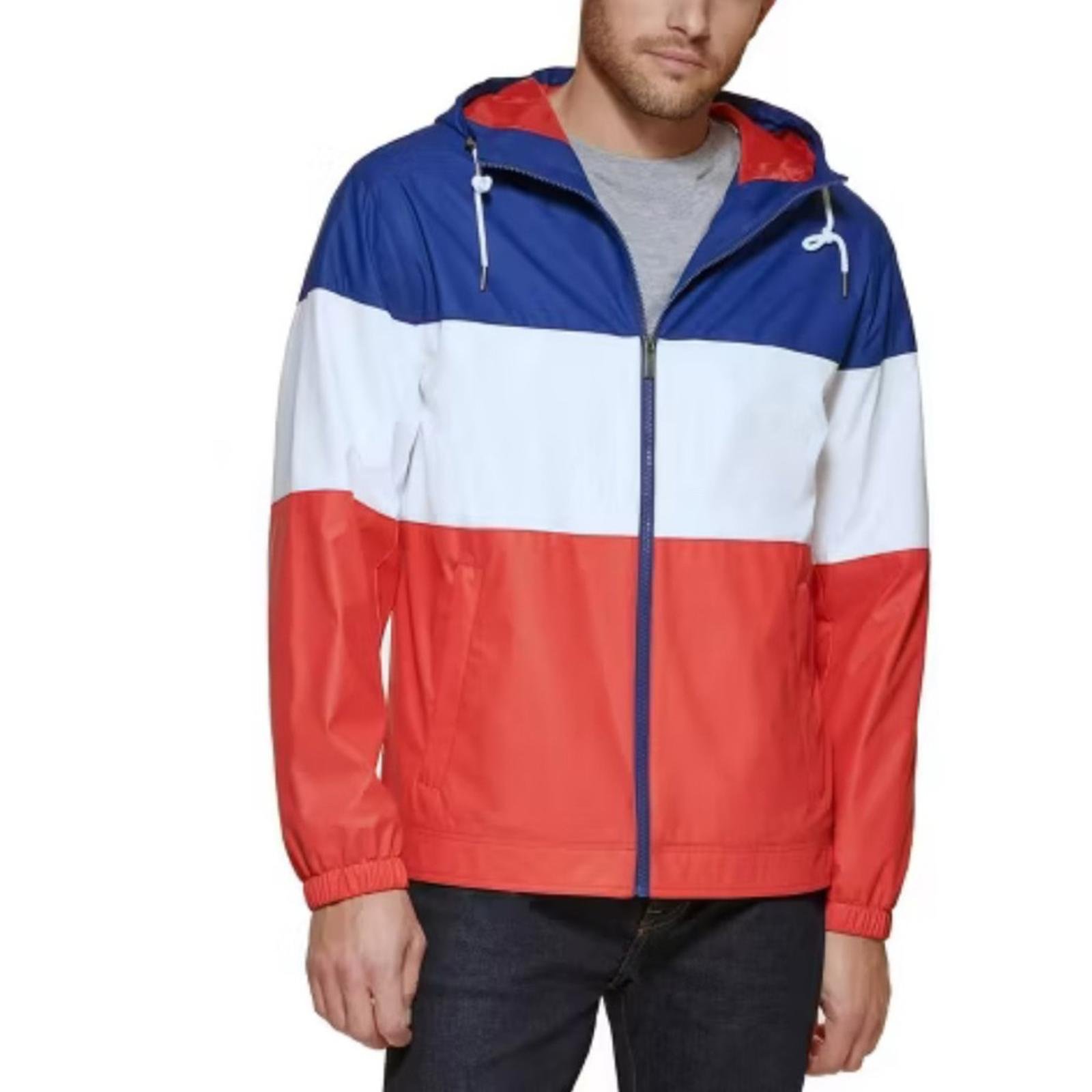 Club Room Rubberized Lightweight Hooded Rain Jacket Red, White, Blue Size S NWT