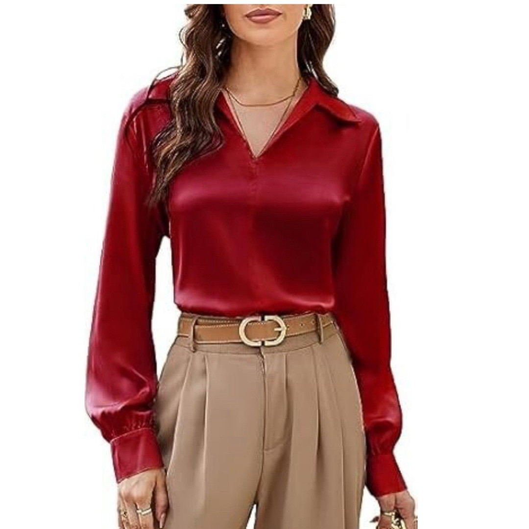 GRACE KARIN Satin Blouse Wide Lapel V Neck Long Sleeve NWT red XL classic office