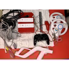Nintendo Wii Mario Bros 25th Anniversary Red Console Lot 6 Games Wheels Hunt Gun