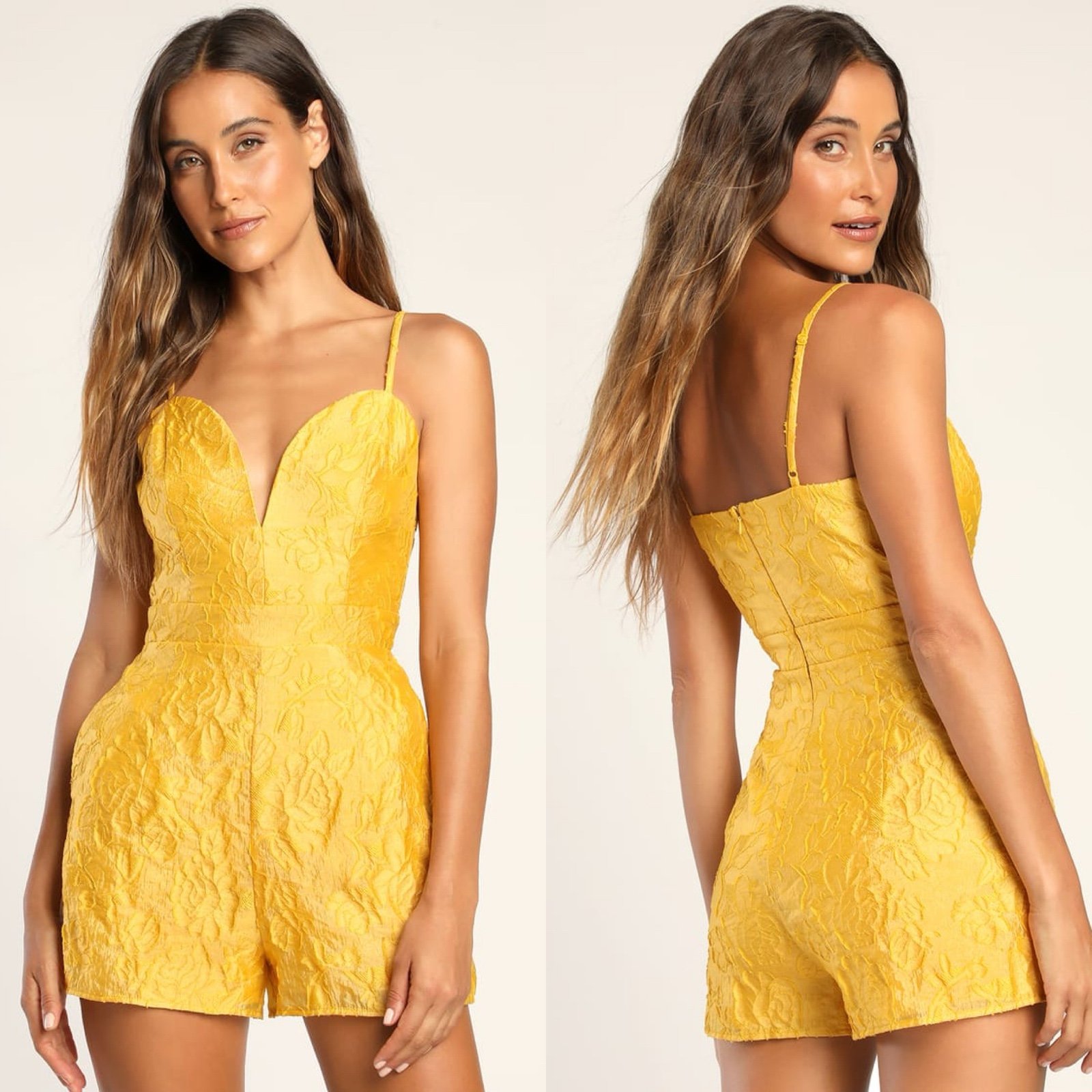 Lulus | Sensation Savvy Mustard Yellow Floral Burnout Jacquard Romper