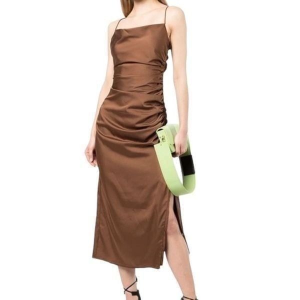 Keepsake The Label Square Neck Back Zip Ruched Midi Dress Brown Size Small NWT