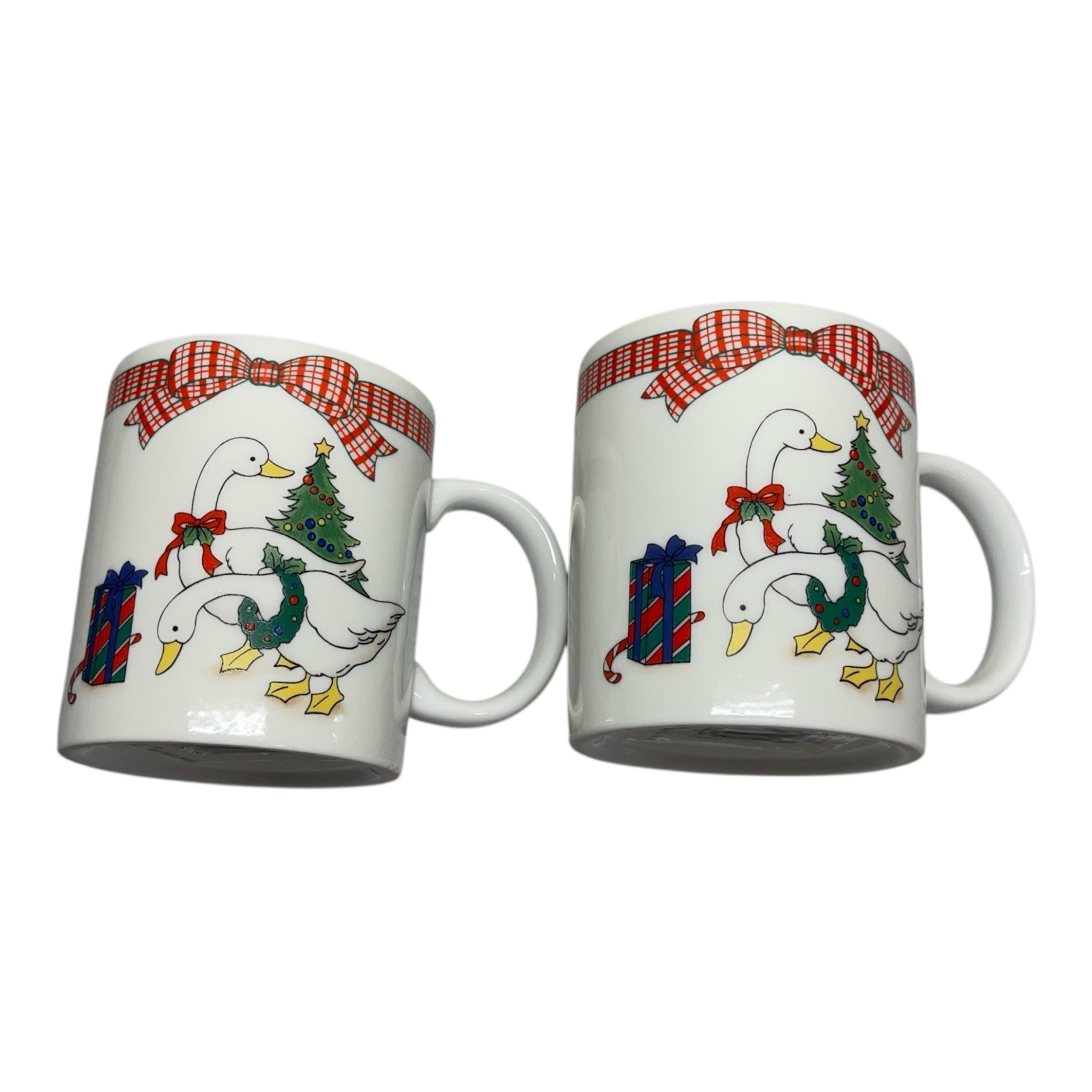 Vintage Christmas Coffee Mug Plaid Ribbon Geese Tree Set of 2 - Anchor Hocking